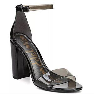 Sam Edelman Yaro Smoky Vinyl Black Patent Faux Leather Heel Sandals Size 7.5